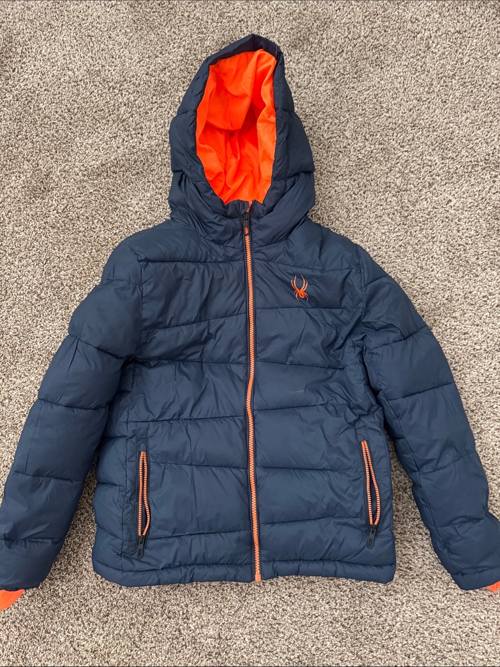 Spyder Kids Navy Puffer Jacket with Orange Lining